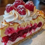 Lemon Raspberry Meringue Cheesecake with colorful raspberry topping and meringue layer