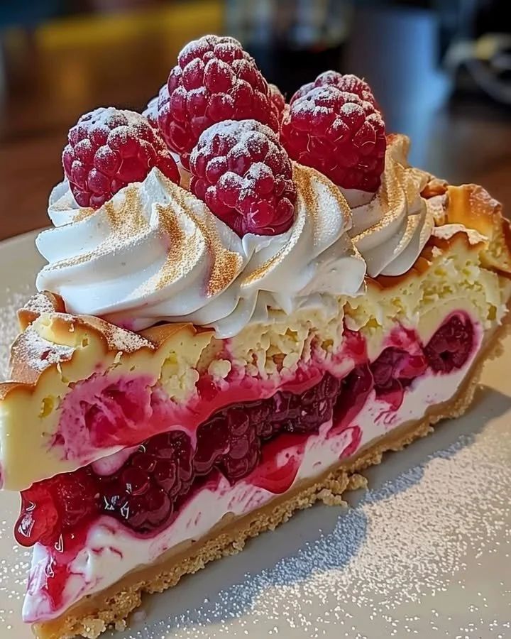 Lemon Raspberry Meringue Cheesecake with colorful raspberry topping and meringue layer