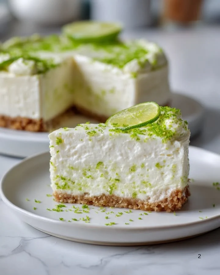 Delicious Lime Mousse Cheesecake topped with lime zest and whipped cream