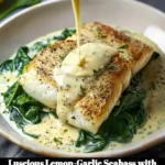 Lemon-garlic seabass fillet on a plate with creamed spinach