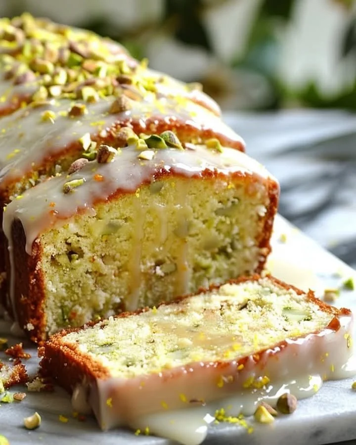 Lemon Pistachio Cake drizzled with Lemon Glaze on a decorative plate