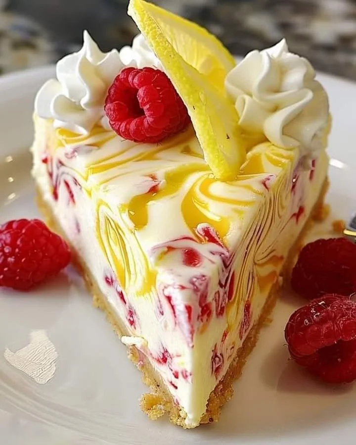 Lemon raspberry swirl cheesecake topped with fresh raspberries and lemon zest