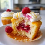 Lemon raspberry swirl cupcakes topped with creamy frosting and fresh raspberries.