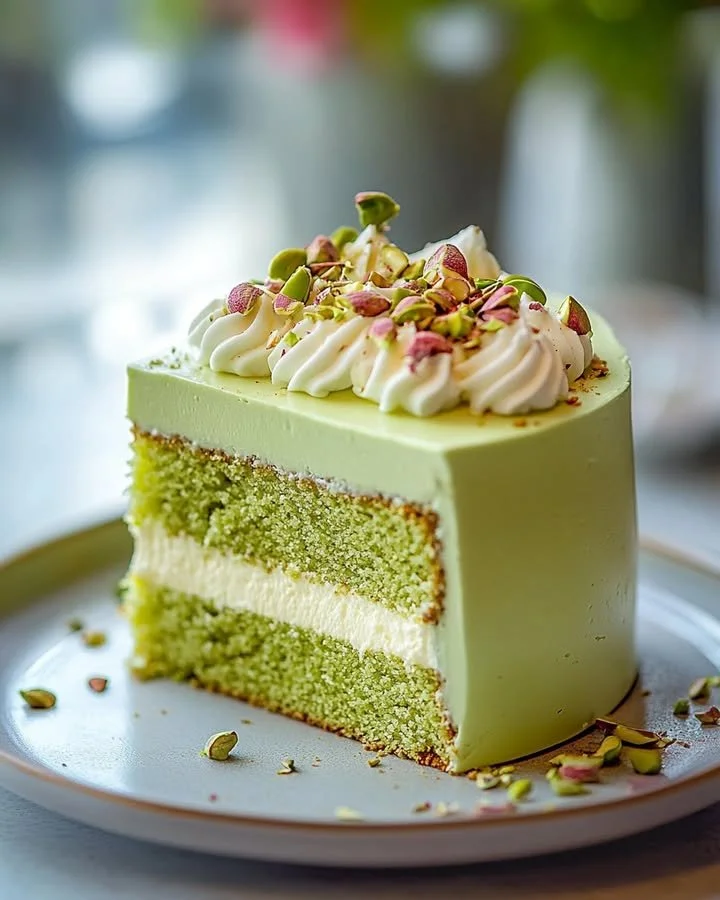 Luscious pistachio cream cake with a creamy texture and rich flavors.