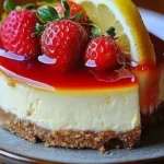 Luscious strawberry lemon cheesecake with fresh strawberries and lemon slices