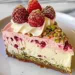 Lush raspberry pistachio cheesecake slice topped with fresh raspberries and pistachios