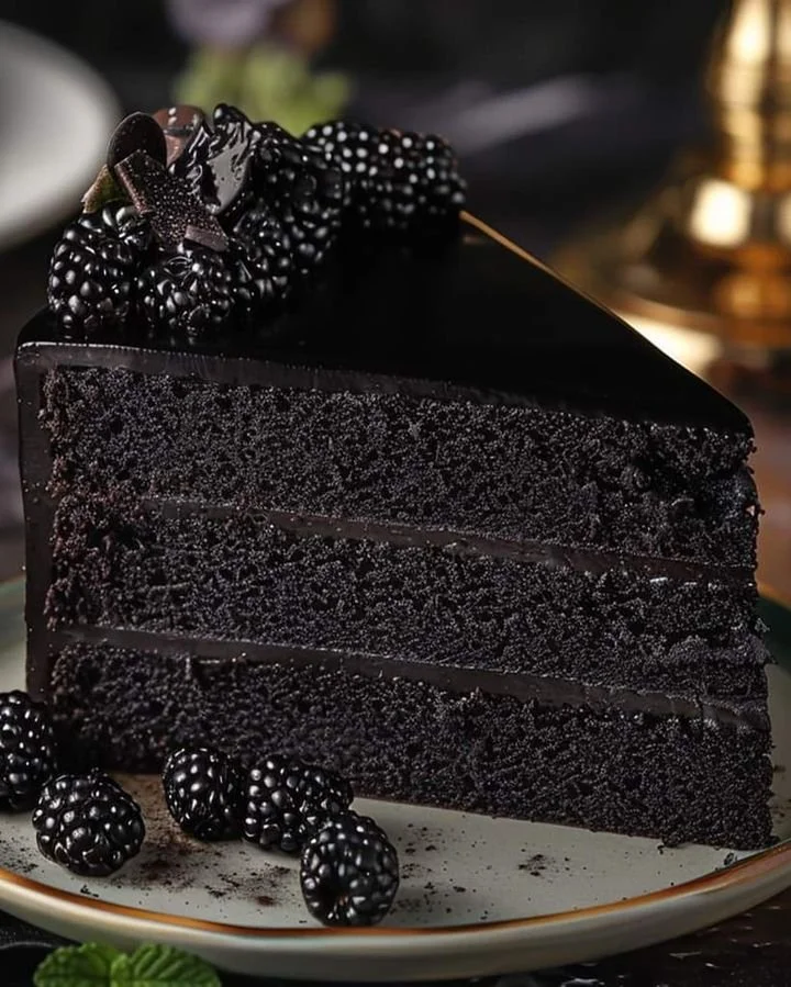 Luxurious black velvet cake with rich frosting and elegant presentation.