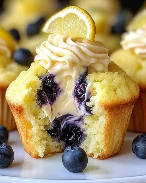 Luxurious blueberry cheesecake cupcakes topped with fresh blueberries and cream.