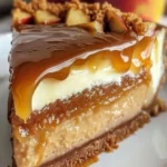 Luxurious caramel apple cheesecake topped with caramel drizzle and apple slices