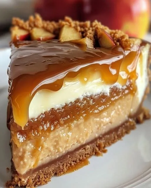 Luxurious caramel apple cheesecake topped with caramel drizzle and apple slices