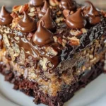 Luxurious German chocolate poke cake topped with coconut-pecan frosting
