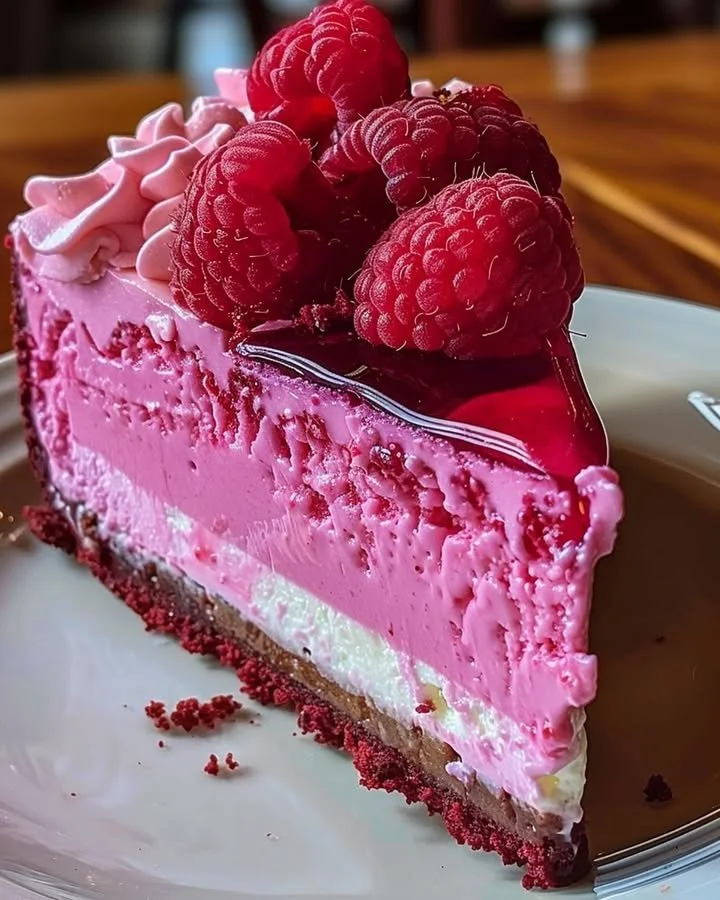 Luxurious pink velvet raspberry cheesecake dessert with swirls and fresh raspberries.