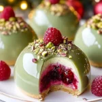 Luxurious pistachio-raspberry cheesecake domes decorated with gold leaf.