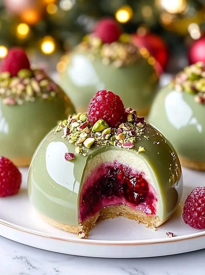 Luxurious pistachio-raspberry cheesecake domes decorated with gold leaf.