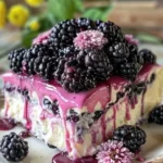 Luxurious white chocolate blackberry poke cake topped with fresh blackberries and white chocolate shavings.