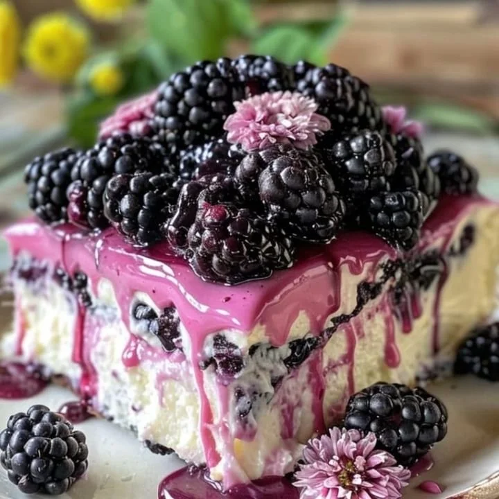 Luxurious white chocolate blackberry poke cake topped with fresh blackberries and white chocolate shavings.