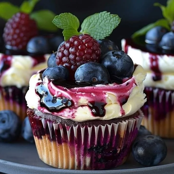 Luxurious white chocolate blueberry cheesecake cupcakes on a decorative plate