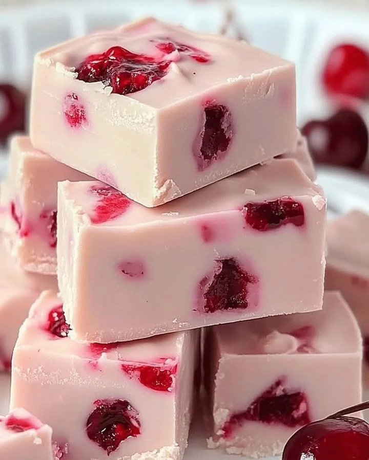 Delicious Maraschino Cherry White Chocolate Fudge in a festive setting