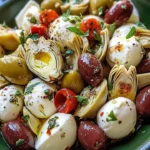 Marinated mozzarella platter with artichokes and olives for appetizers