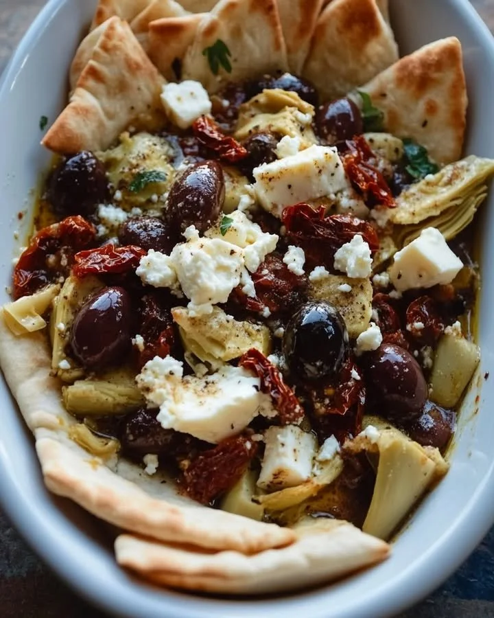 Mediterranean baked feta appetizer served with pita bread