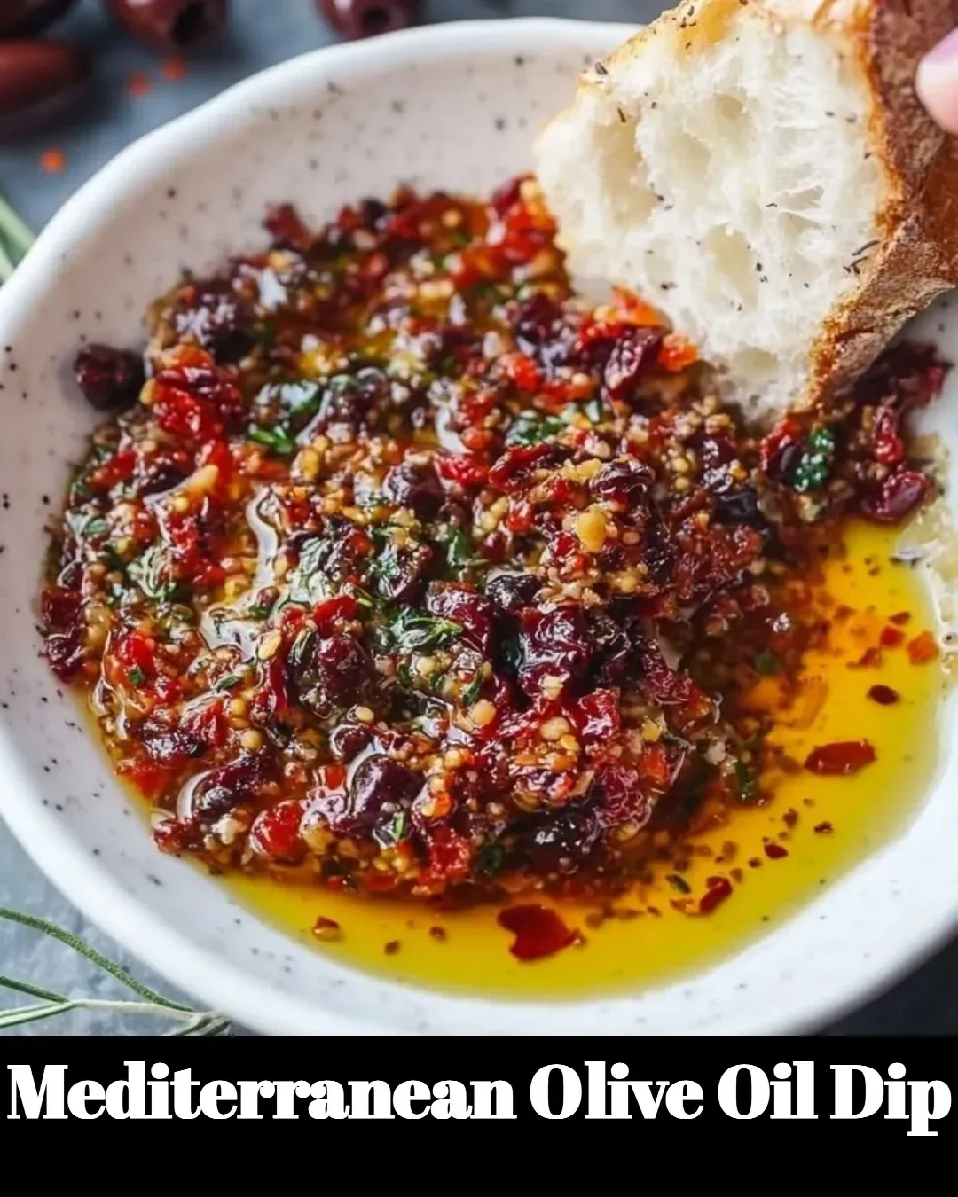 Mediterranean olive oil dip served with bread and herbs