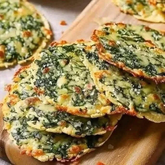 Baked Mediterranean Spinach and Feta Crisps on a serving plate