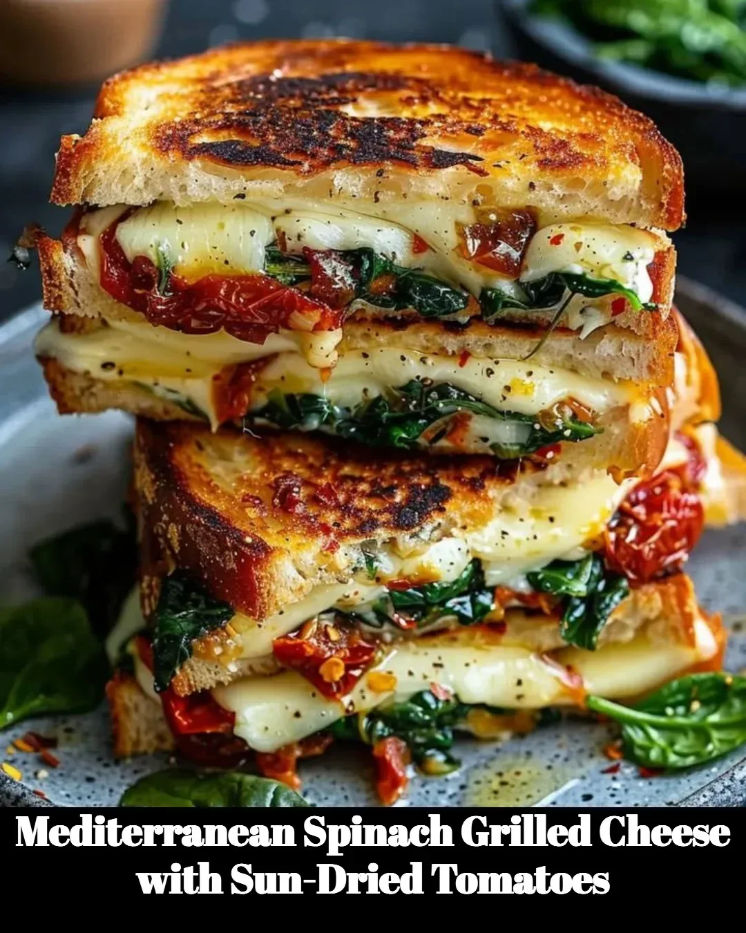 Mediterranean Spinach Grilled Cheese with sun-dried tomatoes on a plate
