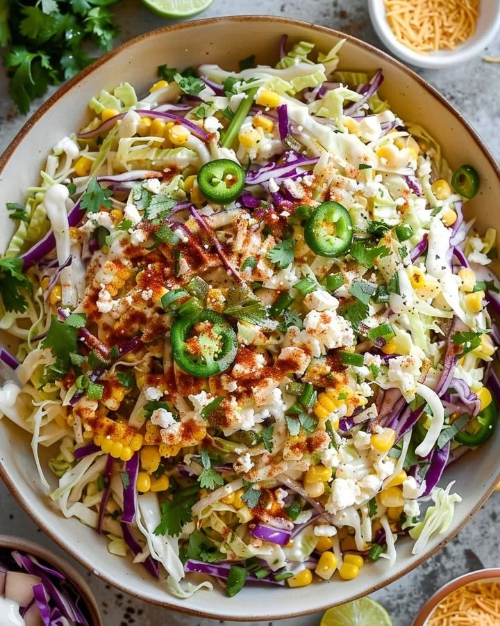 Mexican street corn coleslaw with corn, cabbage, and creamy dressing