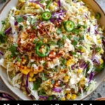 Delicious Mexican street corn coleslaw served in a bowl with fresh toppings.