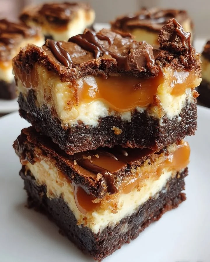 Milky Way caramel cheesecake brownies topped with chocolate and caramel drizzle