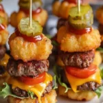 Mini Tater Tot Cheeseburgers served on a platter with dipping sauces
