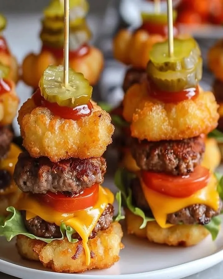 Mini Tater Tot Cheeseburgers served on a platter with dipping sauces