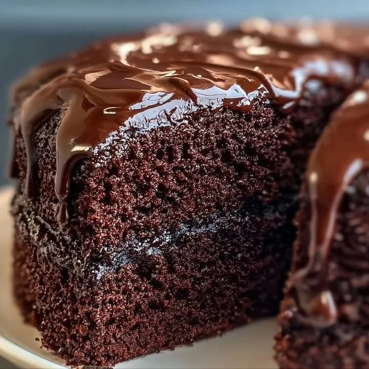 Moist chocolate mayonnaise cake topped with chocolate frosting on a plate