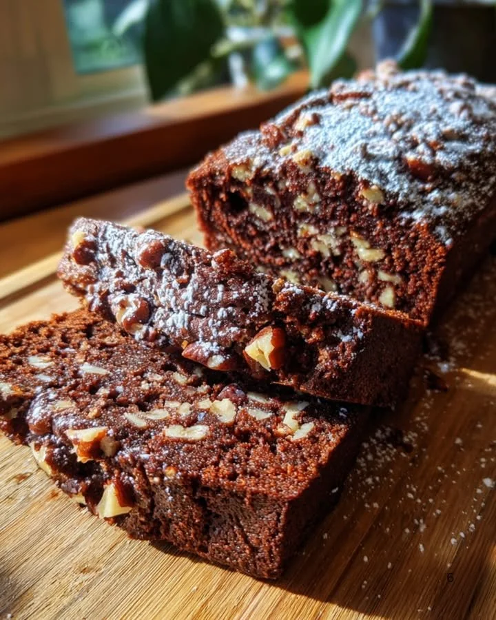 Moist chocolate pecan pound cake decorated with pecans and chocolate drizzle