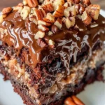Delicious German Chocolate Poke Cake topped with coconut and pecan frosting