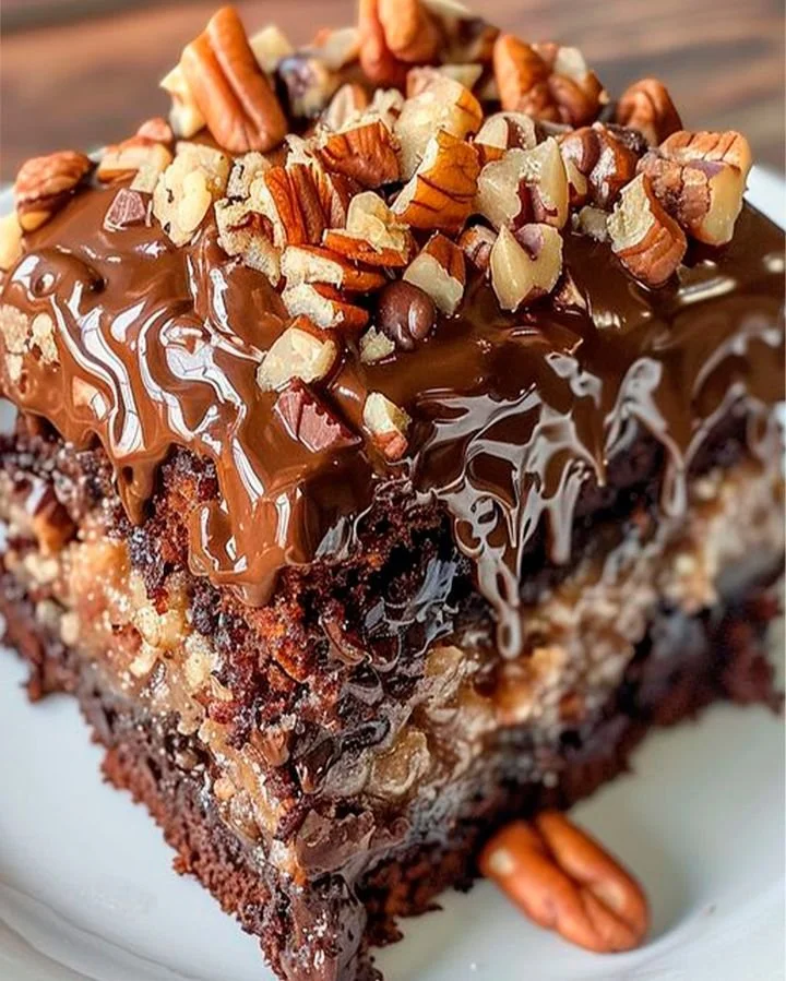 Delicious German Chocolate Poke Cake topped with coconut and pecan frosting