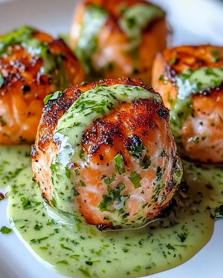 Delicious salmon balls served with a creamy avocado sauce