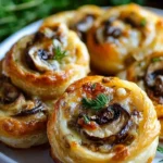 Mushroom and Cheese Pinwheels on a platter, garnished and ready to serve.