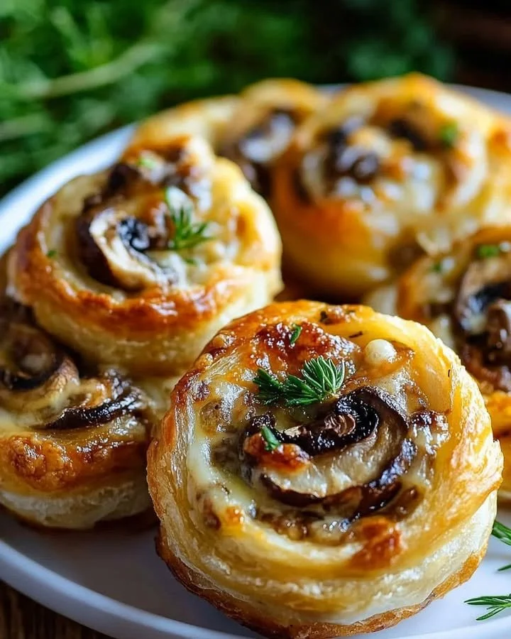 Mushroom and Cheese Pinwheels on a platter, garnished and ready to serve.