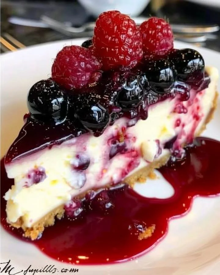 Delicious no-bake cheesecake topped with fresh berries and whipped cream