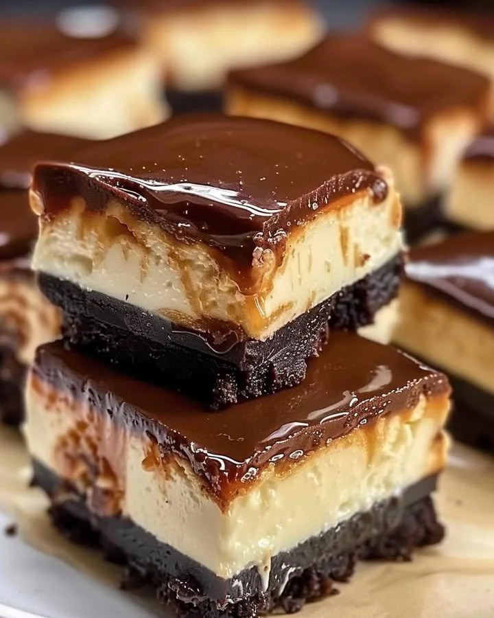 No bake chocolate caramel cheesecake bites on a decorative plate