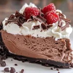 Delicious no bake chocolate cheesecake topped with chocolate shavings.