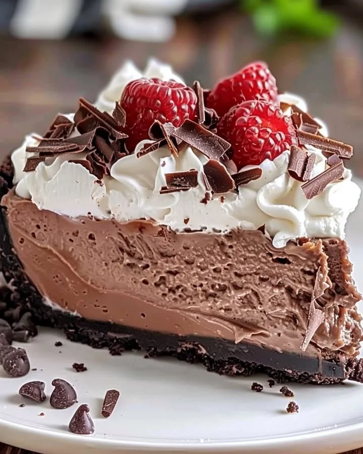 Delicious no bake chocolate cheesecake topped with chocolate shavings.