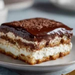 No-Bake Chocolate Éclair Cake topped with creamy chocolate frosting.