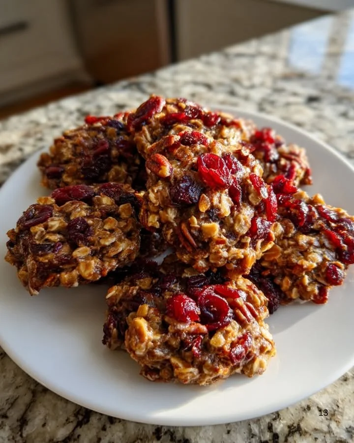 No-bake cranberry pecan praline cookies arranged on a plate