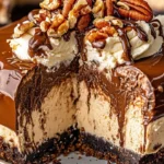 No-bake German chocolate cheesecake topped with coconut and pecans.