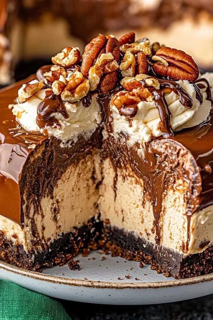 No-bake German chocolate cheesecake topped with coconut and pecans.