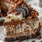 No-Bake German Chocolate Cheesecake topped with chocolate and coconut frosting