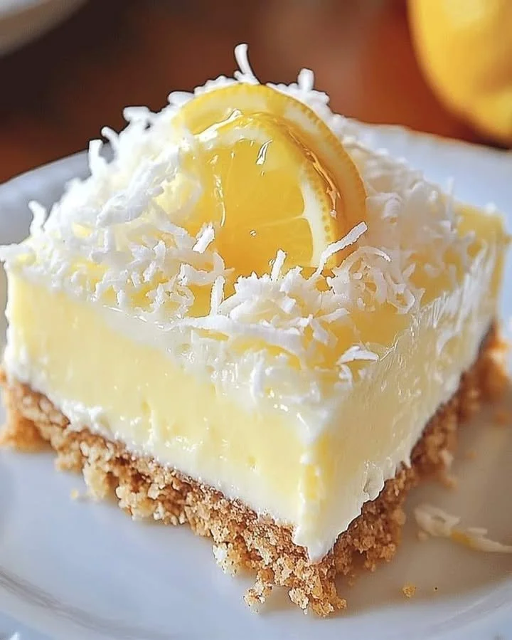 No bake lemon coconut cheesecake bars with a zesty topping on a white plate