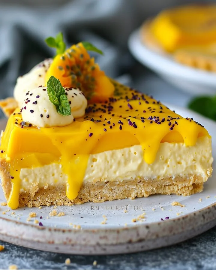 No-bake mango cheesecake pie with passion fruit drizzle, a tropical dessert.